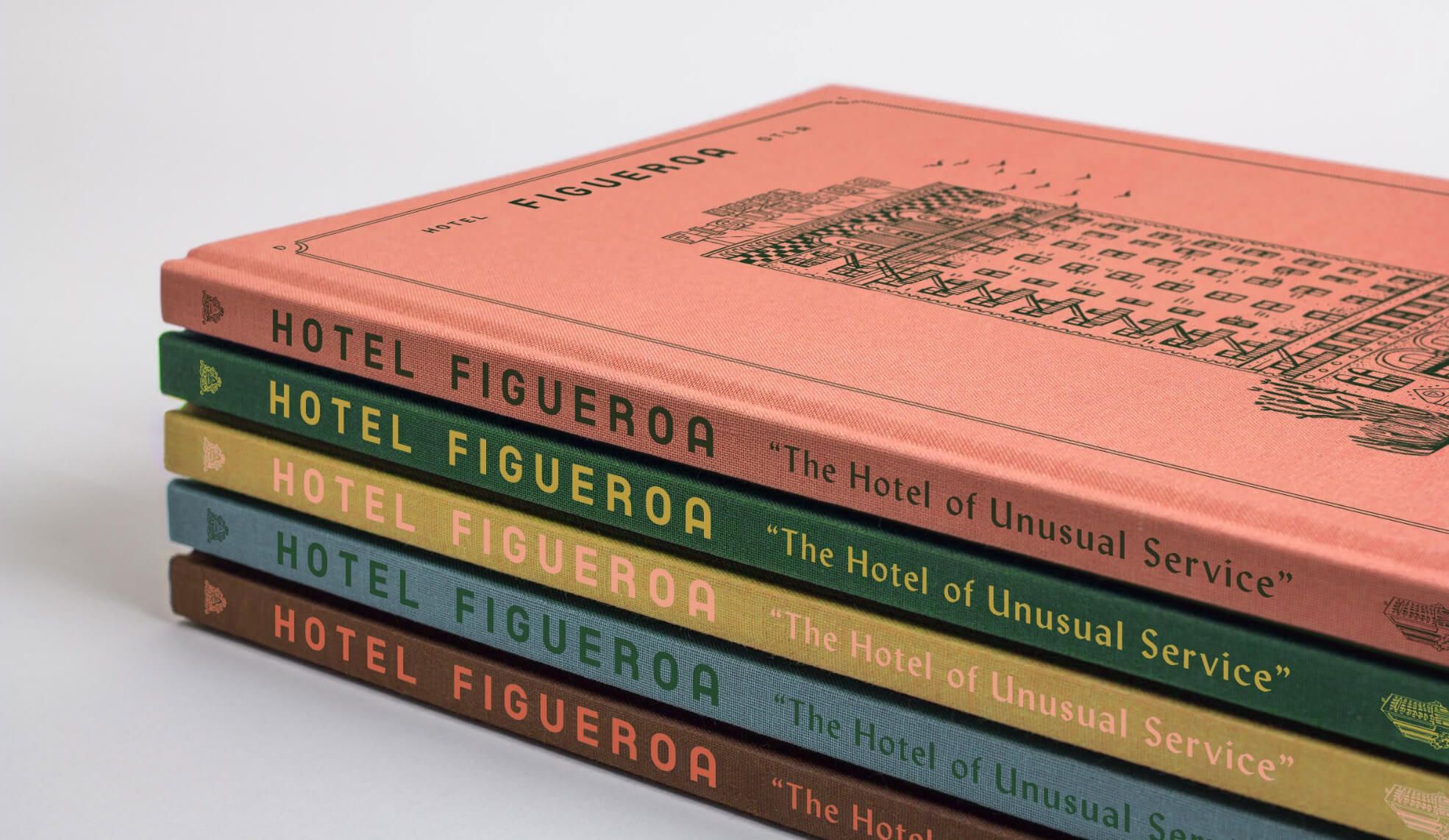 Custom Hotel Figueroa books featuring illustrations, typography and colors from the visual identity created for the historic boutique hotel in Downtown Los Angeles. Love & War developed the brand strategy, visual identity and guest materials for Hotel Figueroa, extending the hospitality brand across custom print collateral, storytelling, signage and guest touchpoints inspired by the hotel’s architecture and Los Angeles history.