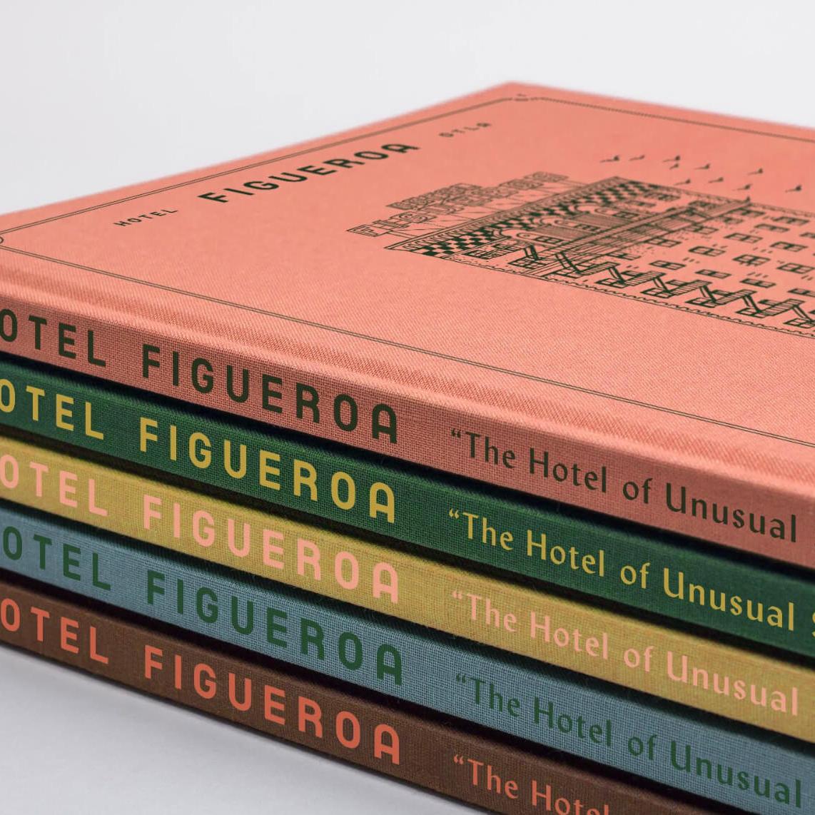 Custom Hotel Figueroa books featuring illustrations, typography and colors from the visual identity created for the historic boutique hotel in Downtown Los Angeles. Love & War developed the brand strategy, visual identity and guest materials for Hotel Figueroa, extending the hospitality brand across custom print collateral, storytelling, signage and guest touchpoints inspired by the hotel’s architecture and Los Angeles history.