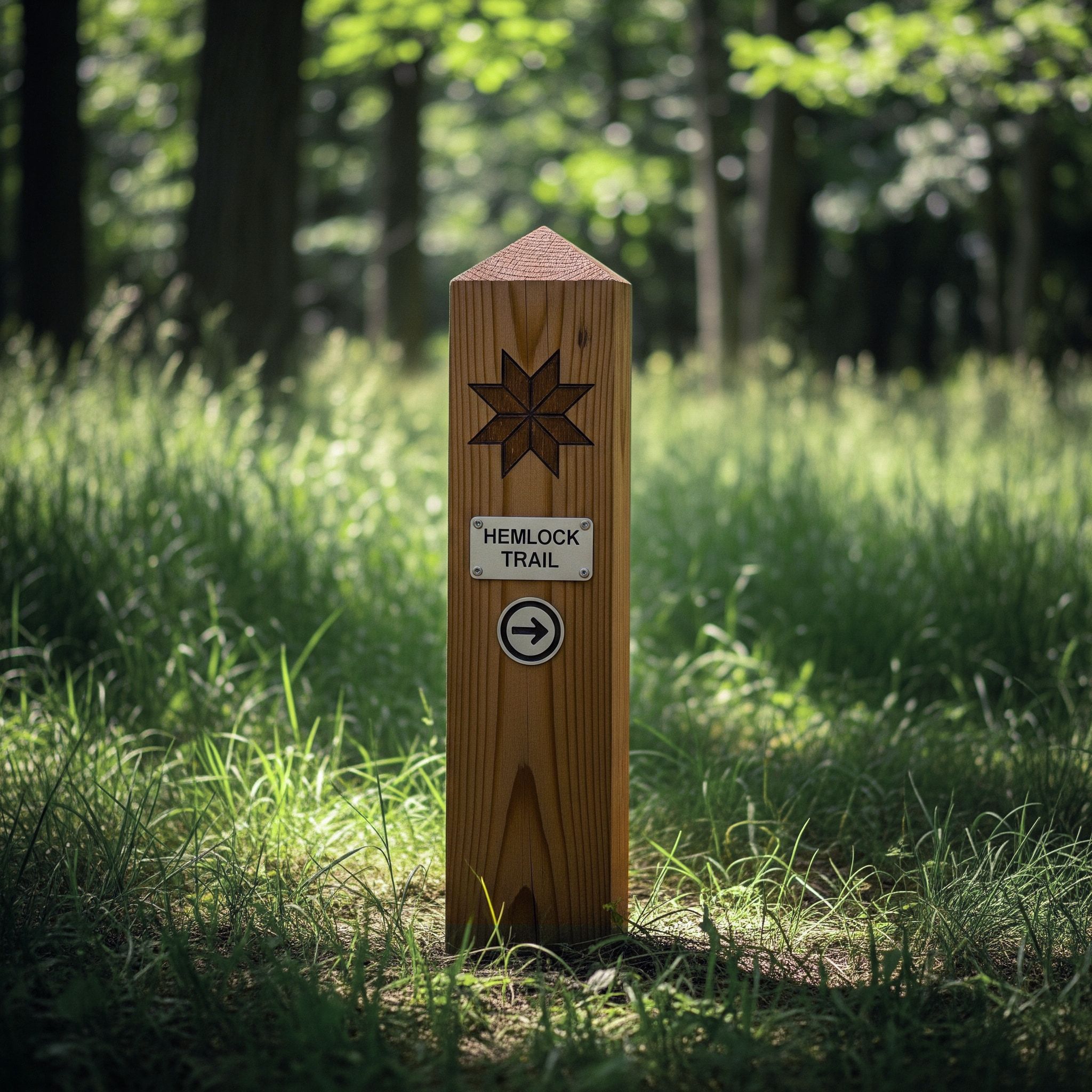 Custom Hemlock Neversink trail marker featuring wayfinding and brand identity designed by Love & War.