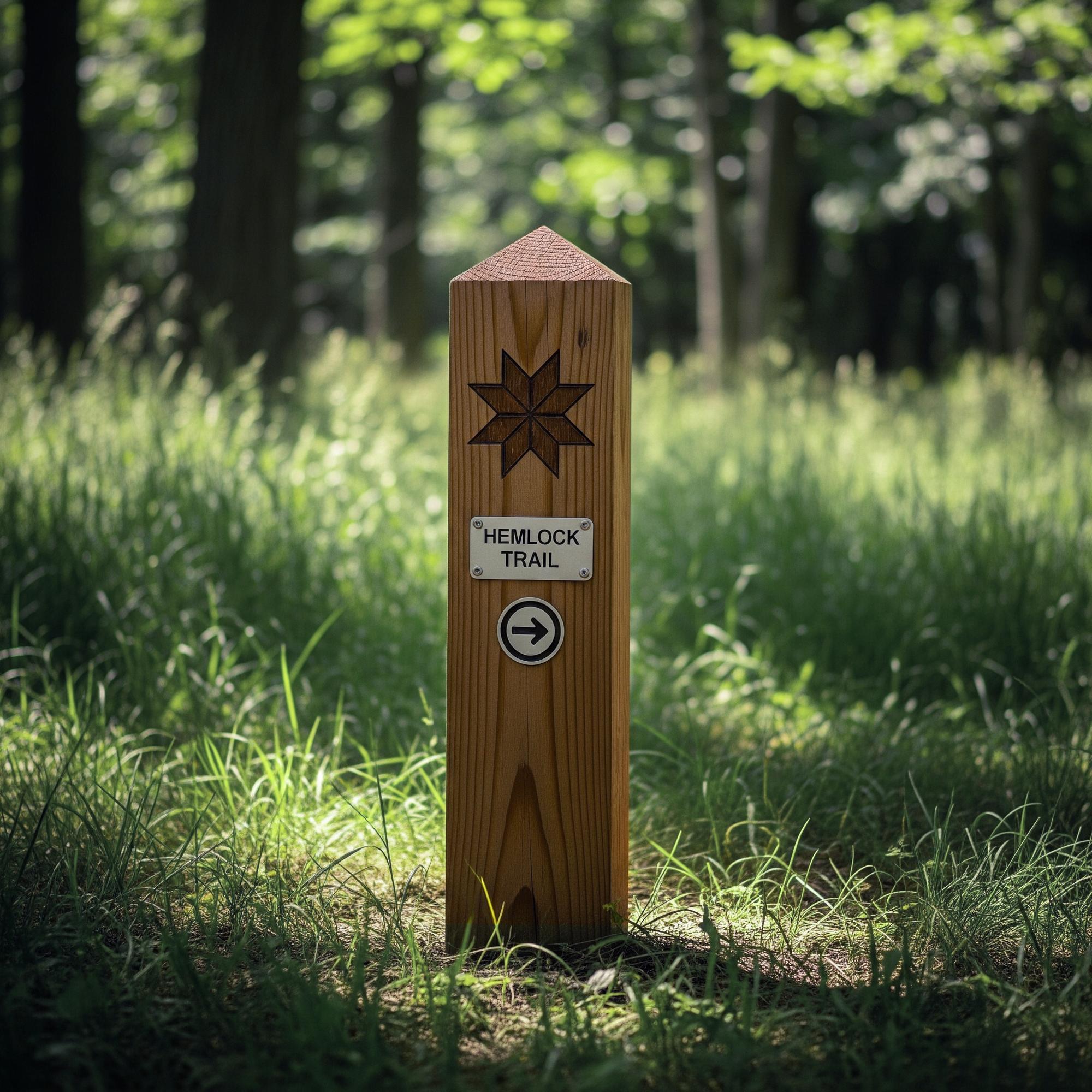 Custom Hemlock Neversink trail marker featuring wayfinding and brand identity designed by Love & War.