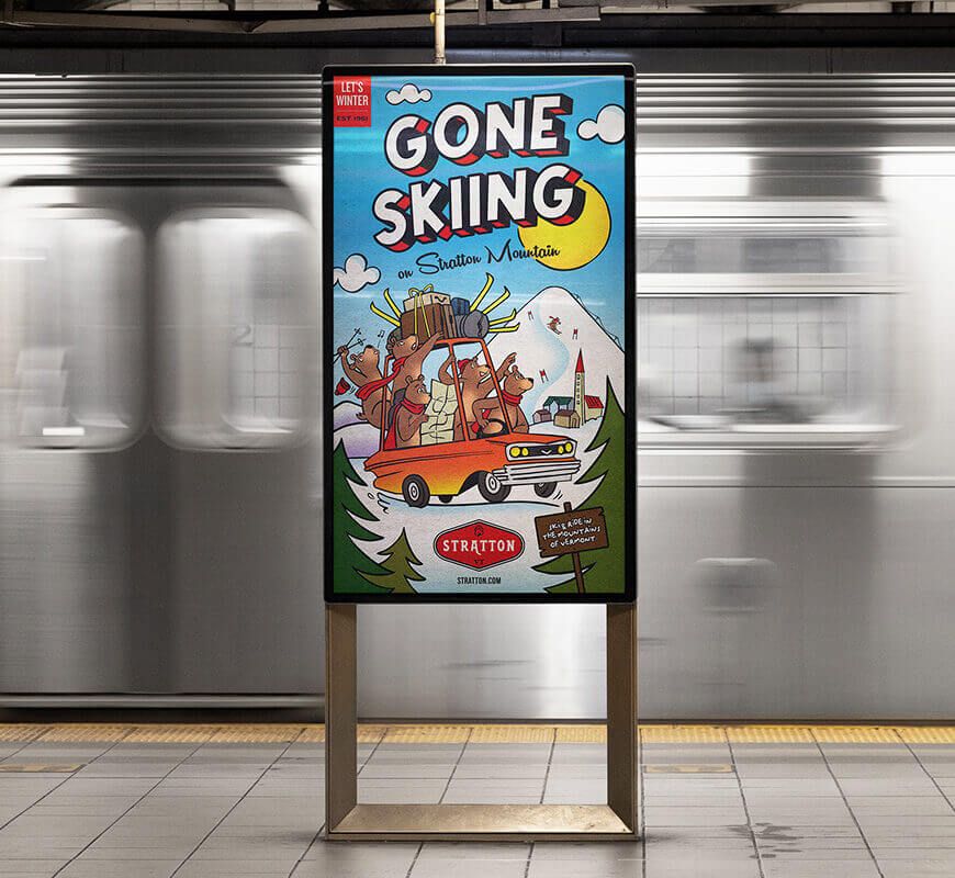 Love & War “Gone Skiing” NYC subway advertising campaign for Stratton Mountain Resort in Vermont, featuring a colorful illustrated ski poster displayed on a New York City subway platform.