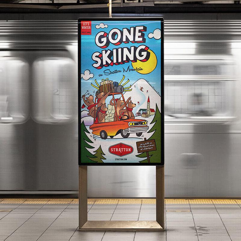 Love & War “Gone Skiing” NYC subway advertising campaign for Stratton Mountain Resort in Vermont, featuring a colorful illustrated ski poster displayed on a New York City subway platform.