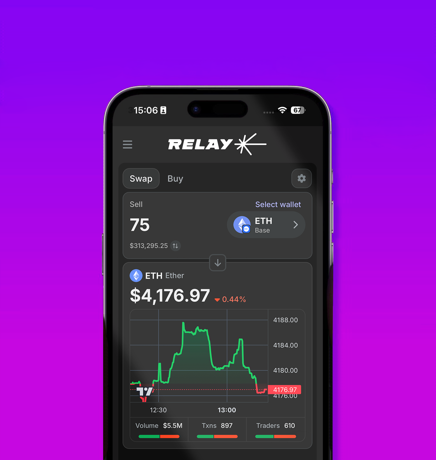 Relay mobile crypto platform interface showing Ethereum asset swapping and cross-chain transactions within the visual identity designed by Love & War.