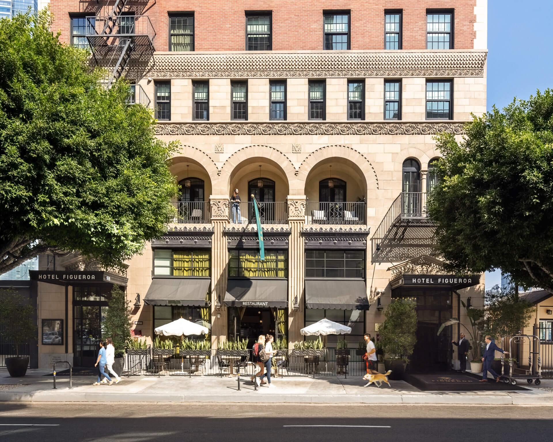 Exterior of Hotel Figueroa, the historic boutique hotel in Downtown Los Angeles (DTLA), originally opened in 1926. Love & War led the brand strategy and visual identity for Hotel Figueroa, including brand positioning, identity design and guest materials. The hospitality branding draws on the hotel’s distinctive architecture, nearly century-long history and role in Los Angeles culture, creating a contemporary hotel brand that connects Hotel Figueroa’s historic character with its modern DTLA experience.