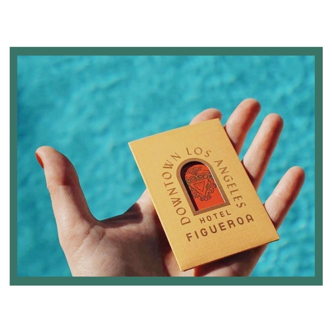 Custom Hotel Figueroa guest collateral featuring the visual identity created for the historic boutique hotel in Downtown Los Angeles (DTLA). Love & War developed the brand strategy, visual identity and guest materials for Hotel Figueroa, translating the property’s architecture, history and Los Angeles cultural heritage into a distinctive hospitality brand across printed materials, signage and the guest experience.