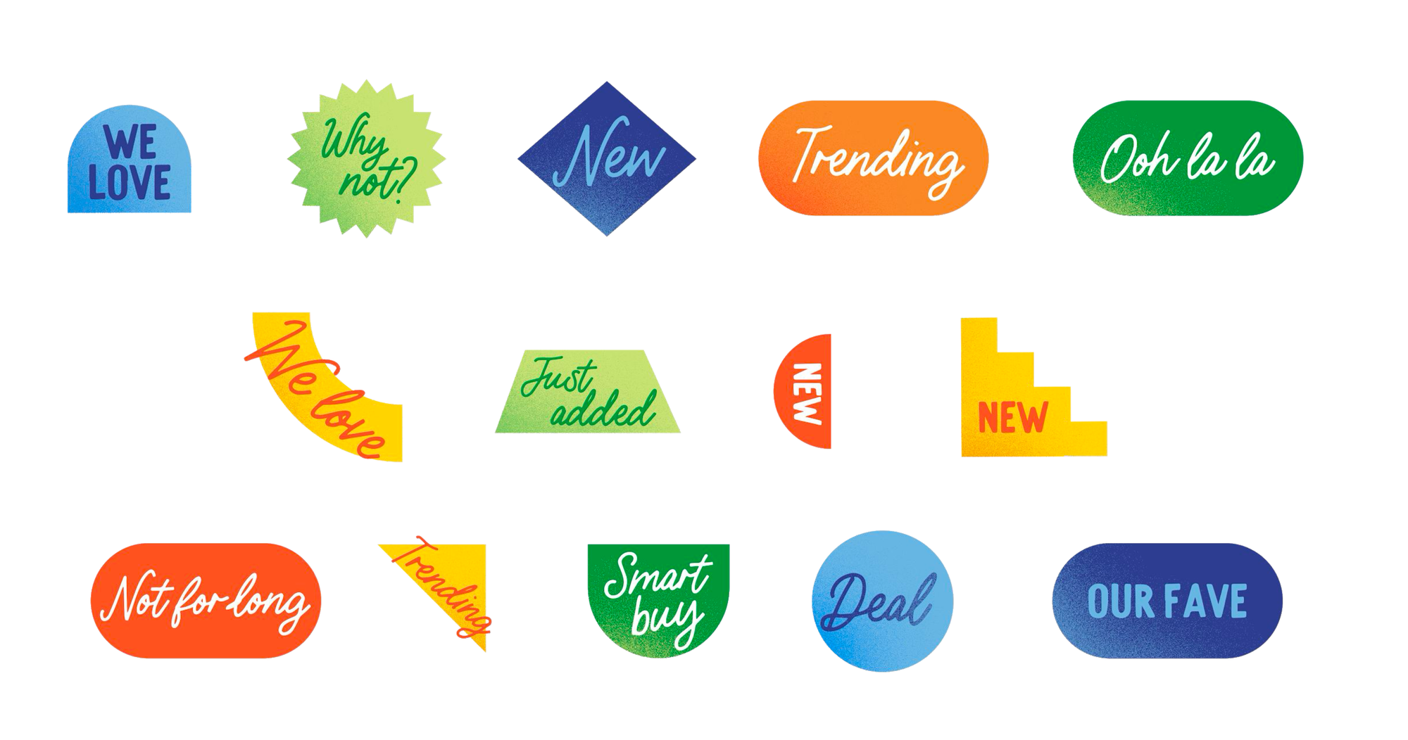 Custom graphic elements created by Love & War as part of the Quadpay rebrand and visual identity system. The colorful badges and hand-drawn typography were designed for social media, digital marketing, and retail communications, giving the buy now, pay later fintech brand a more expressive, approachable voice for younger consumers.