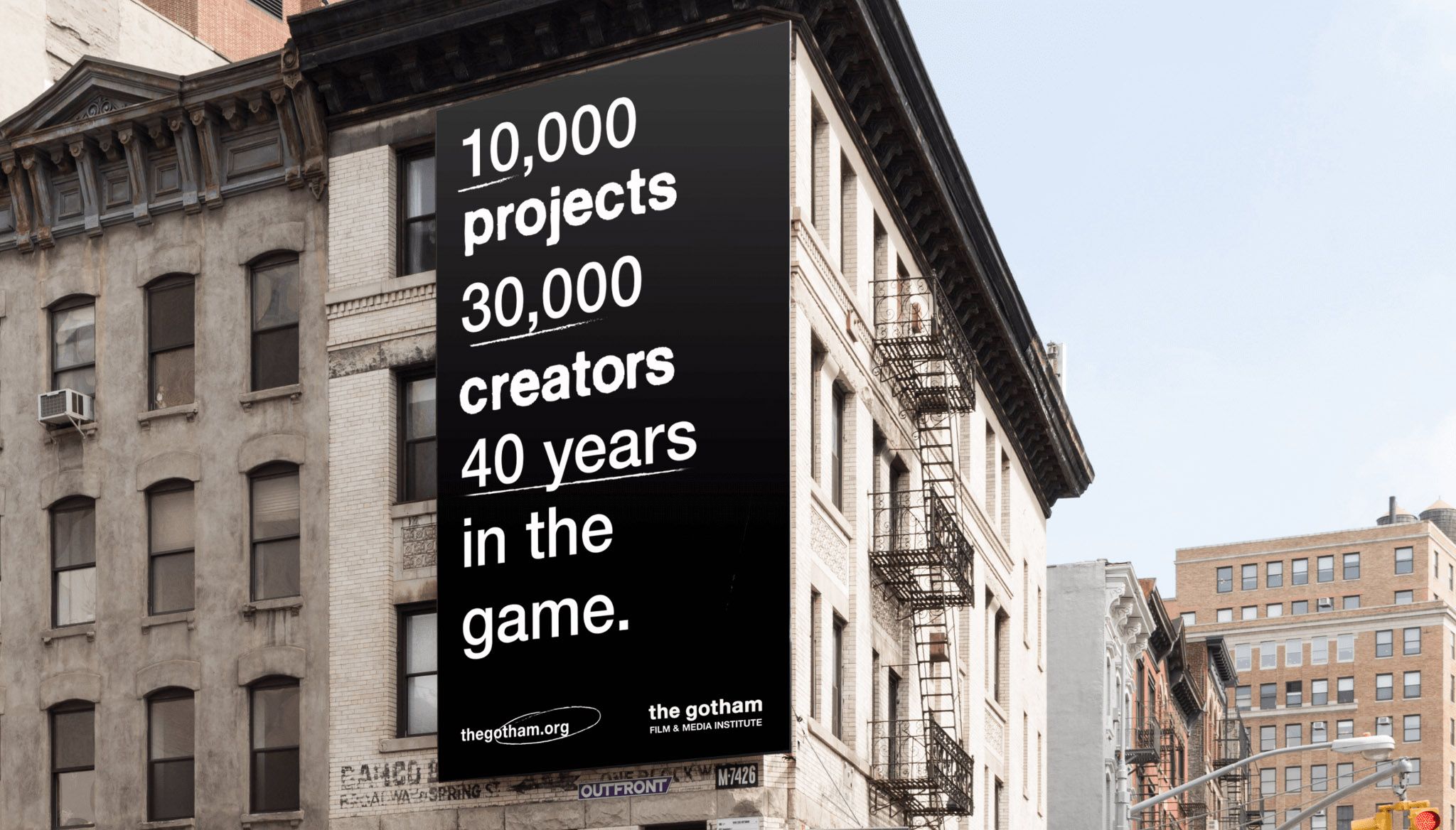 Gotham Film & Media Institute launch billboard in New York, part of the rebrand by Love & War.