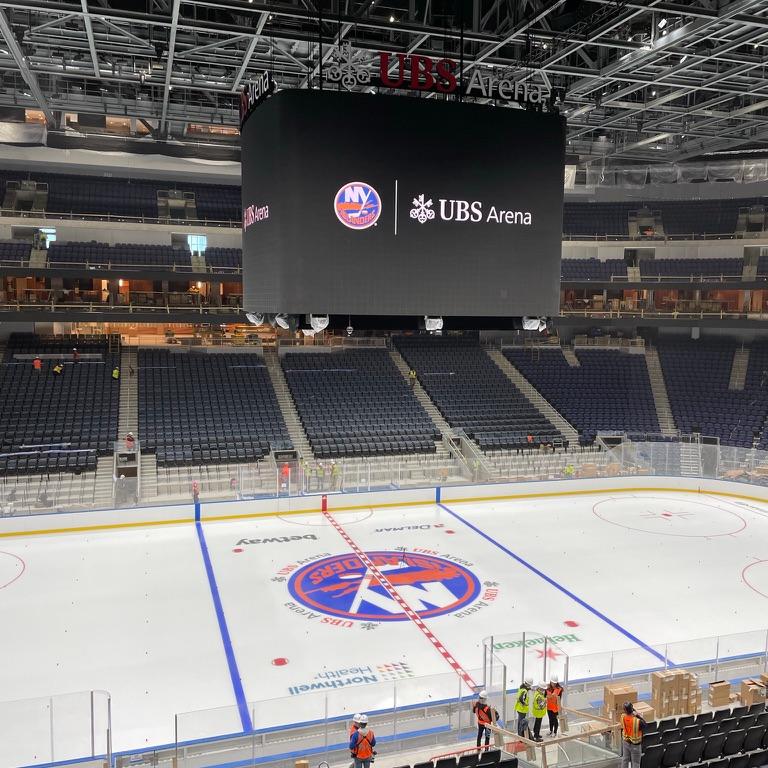 Center ice at UBS Arena, home of the New York Islanders, with venue experience by Love & War.