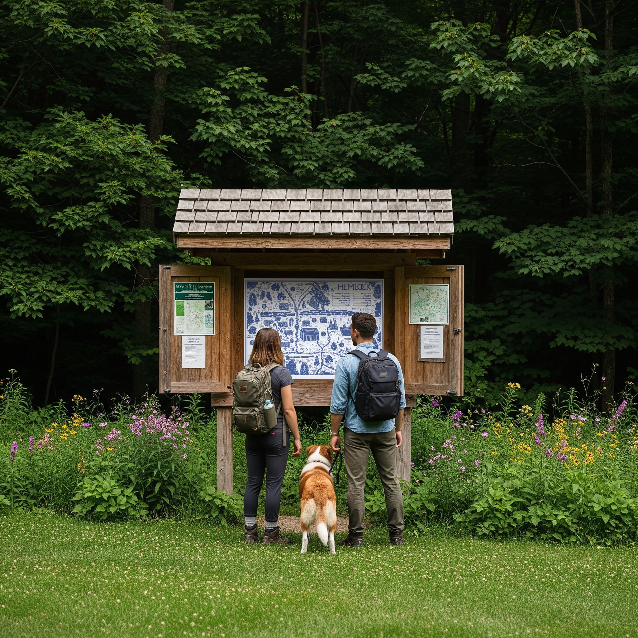 Hemlock Neversink trail map and wayfinding, part of the Catskills retreat’s brand identity by Love & War.
