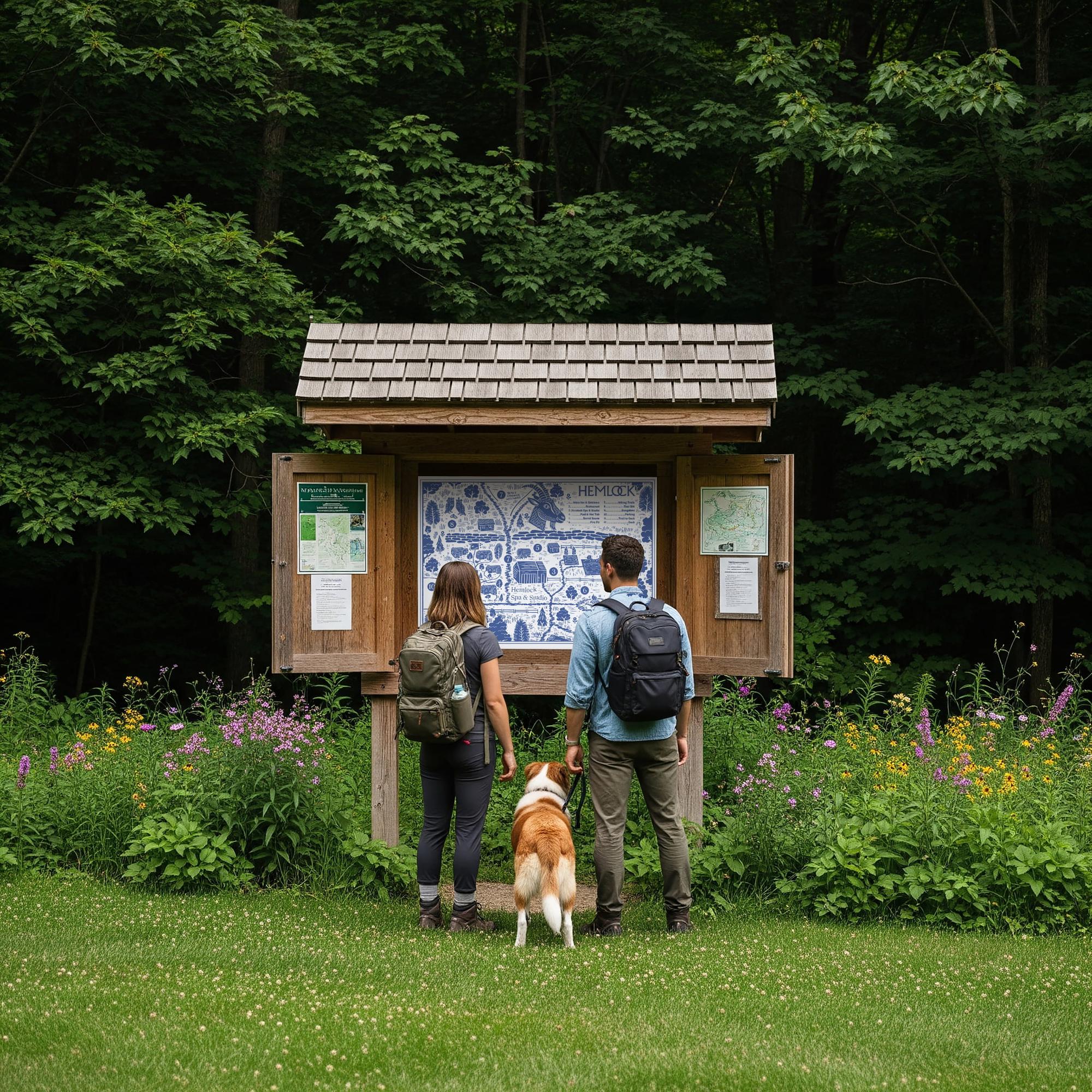 Hemlock Neversink trail map and wayfinding, part of the Catskills retreat’s brand identity by Love & War.