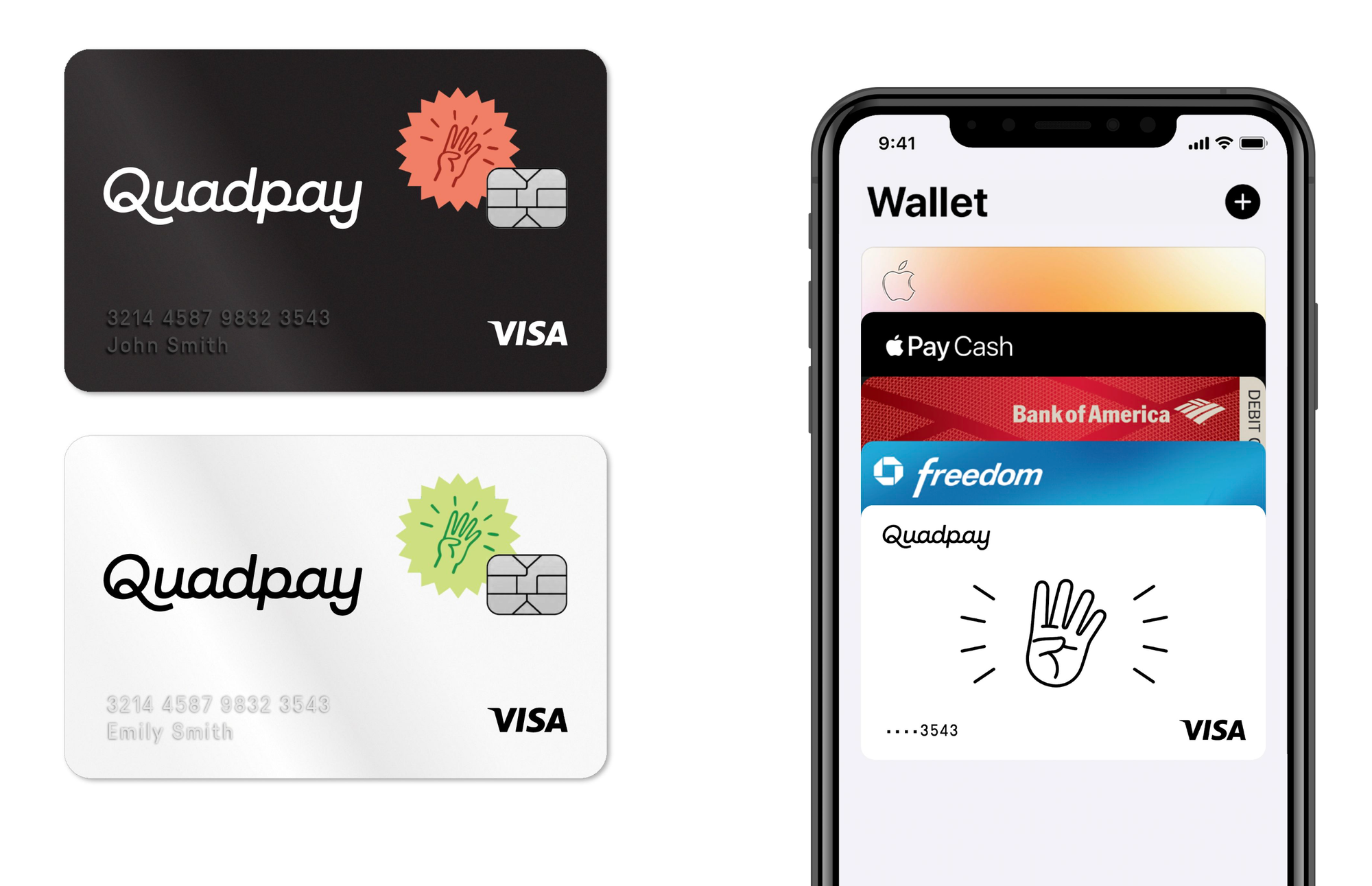 Quadpay — Payment Card, Digital Wallet & Fintech Brand Identity by Love & War Physical and digital Quadpay Visa payment cards, including integration with Apple Wallet, designed as part of the buy now, pay later (BNPL) brand experience. Love & War developed the brand strategy and visual identity recommendation for Quadpay, extending its approachable graphic system across payment cards, digital products, checkout experiences and marketing to create a more accessible alternative to traditional credit.