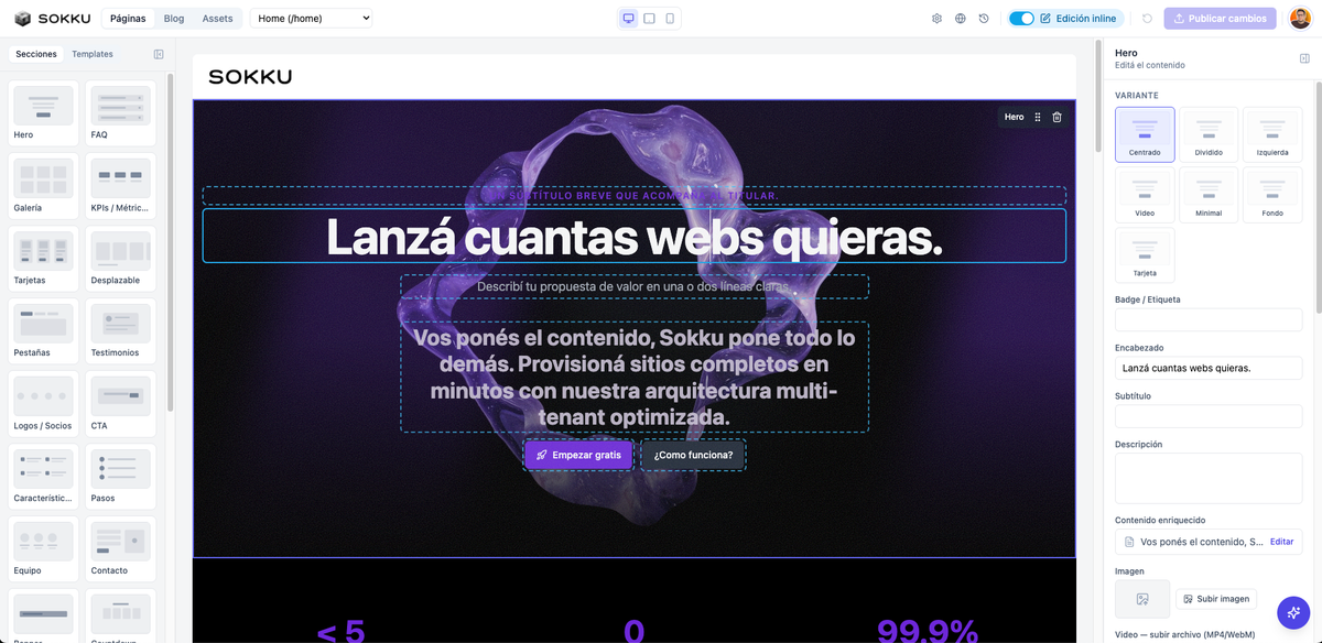 Builder visual con drag and drop y edicion inline
