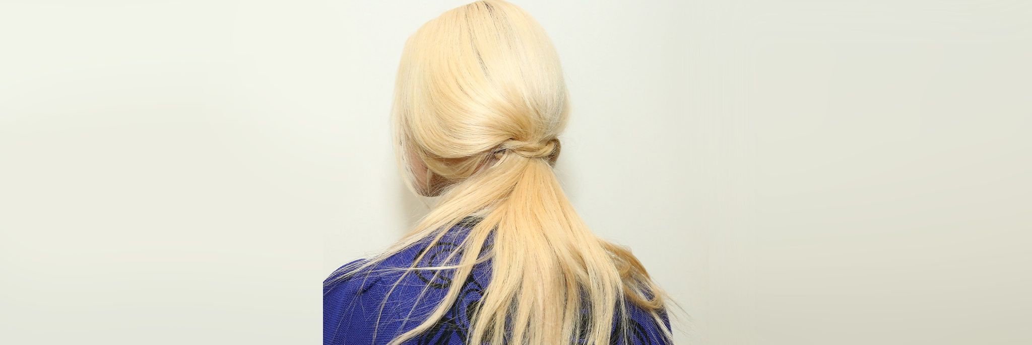 Image of the back of a blonde woman's hair in a thick ponytail