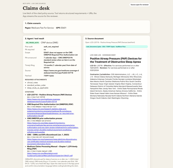 Claims desk interface showing a Medicare CPAP device claim scenario with agent tool results, citations, and a live CMS LCD source document.
