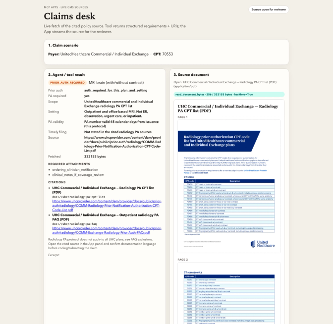 Claims desk interface showing UHC prior authorization requirements for MRI CPT 70553 with source PDF document preview.