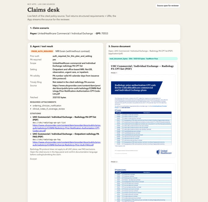 Claims desk interface showing UHC prior authorization requirements for MRI CPT 70553 with source PDF document preview.