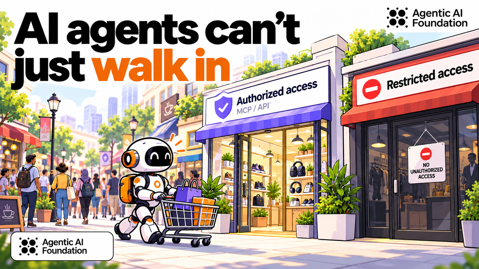 A cartoon robot pushes a shopping cart along a busy street, past storefronts displaying authorized and restricted access signs, with pedestrians walking nearby.