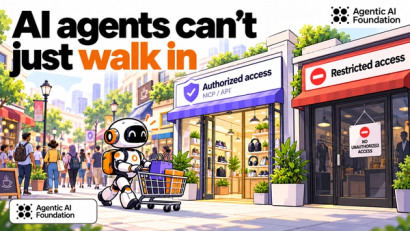 A cartoon robot pushes a shopping cart along a busy street, past storefronts displaying authorized and restricted access signs, with pedestrians walking nearby.