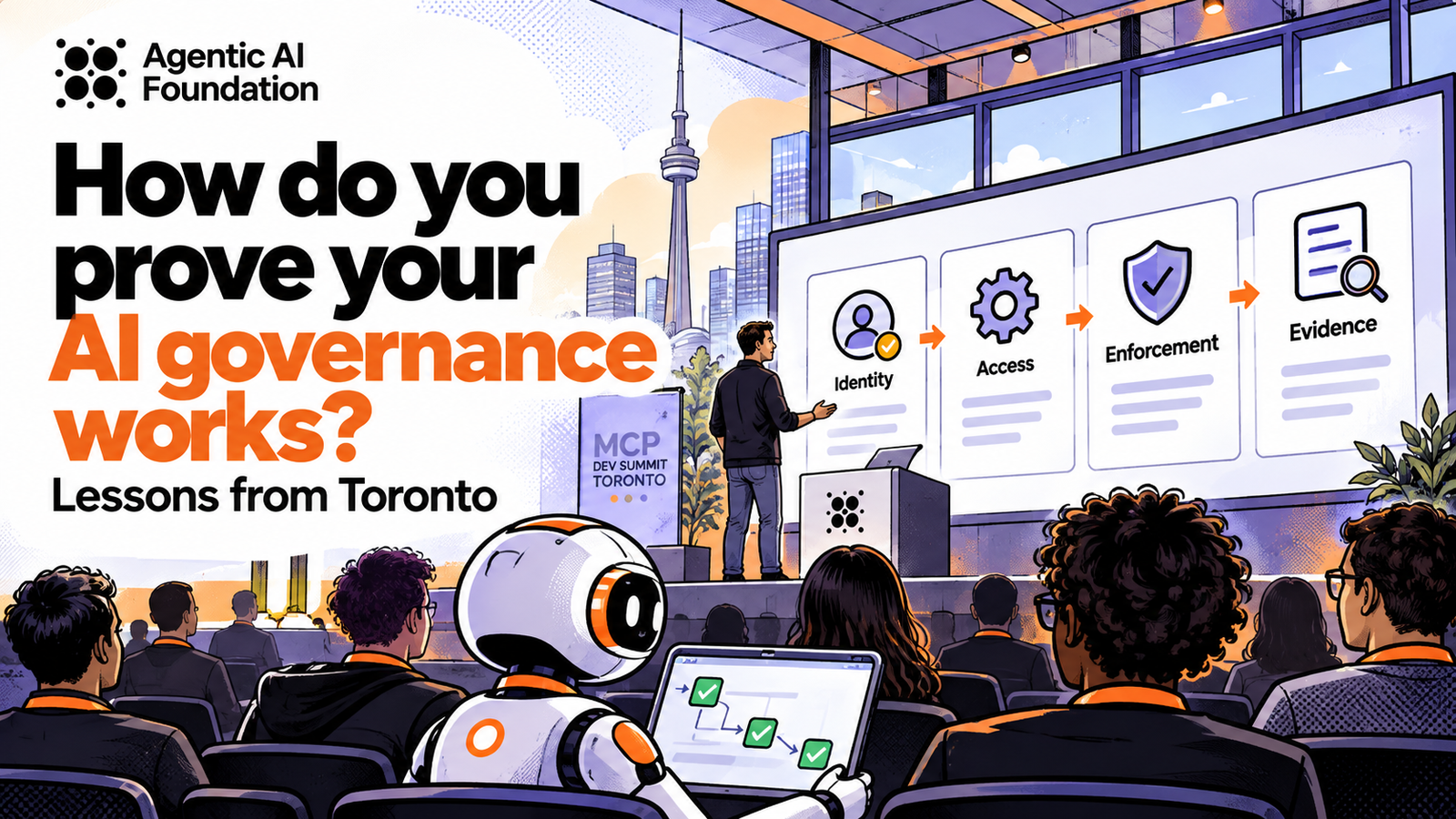 Illustration of an MCP conference presentation in Toronto, showing a speaker explaining identity, access, enforcement, and evidence to an audience.