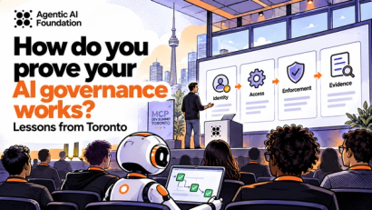 Illustration of an MCP conference presentation in Toronto, showing a speaker explaining identity, access, enforcement, and evidence to an audience.