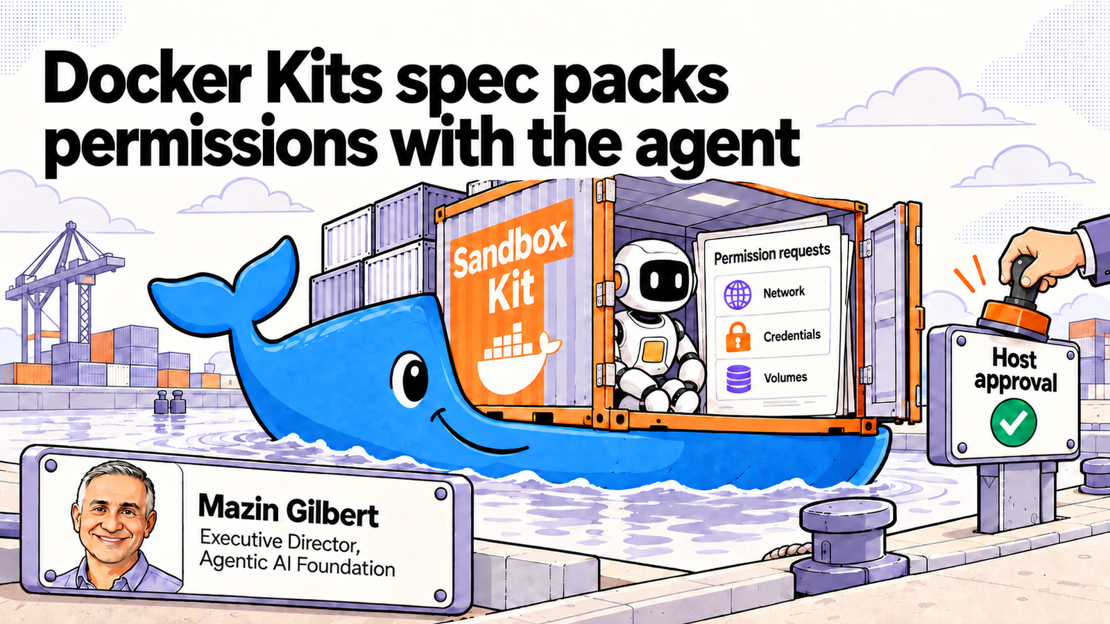 Docker whale and visual of a new Kit specification for agent portability