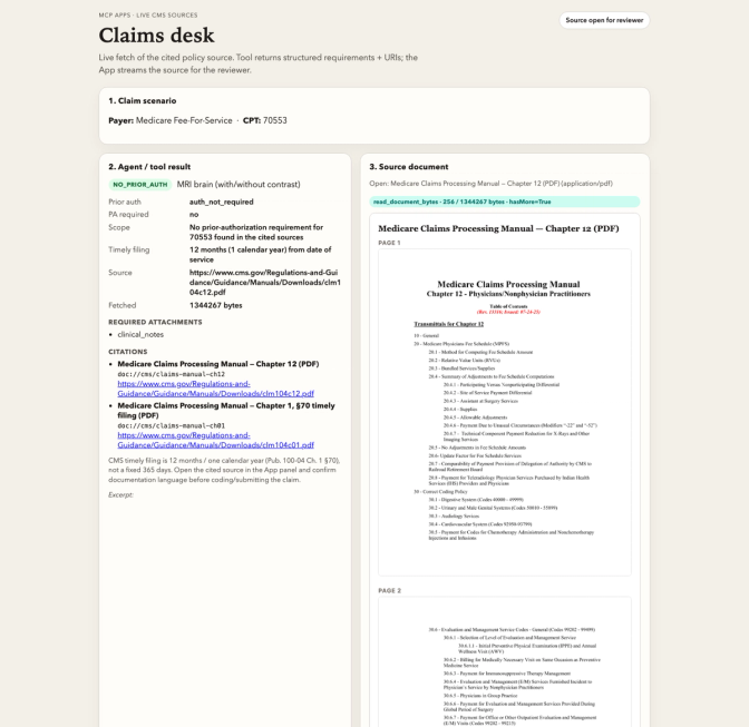 Claims desk app showing a Medicare claim scenario for CPT 70553 MRI brain with policy source document and authorization details.