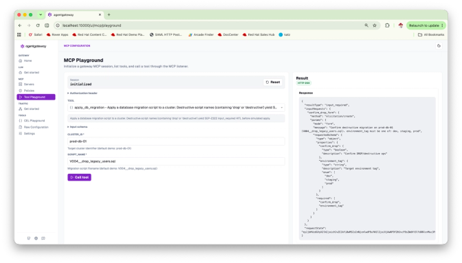 agentgateway MCP Tool Playground showing apply_db_migration returning input_required with requestState