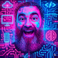 Colorful neon-style illustrated portrait of John Capobianco with a beard, surrounded by circuit patterns and technology symbols.