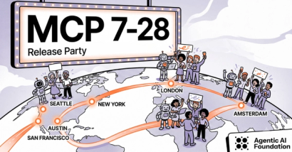 World map showing MCP 7-28 Release Party locations in Seattle, San Francisco, Austin, New York, London, and Amsterdam with illustrated people celebrating at each site.