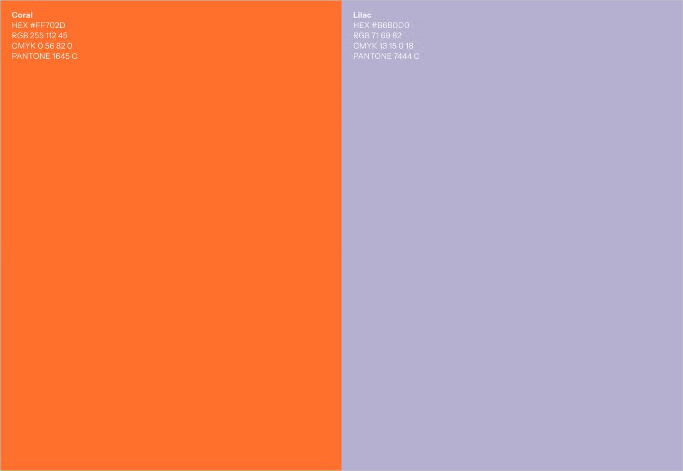 Secondary palette swatches: coral #FF702D and lilac #B6B0D0