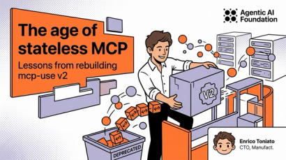 Blog header illustration showing a developer holding a V2 box while discarding deprecated blocks, titled "The age of stateless MCP: Lessons from rebuilding mcp-use v2" by Enrico Toniato.