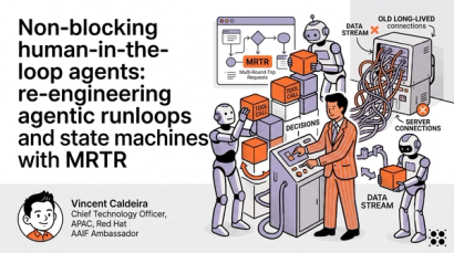 Blog header illustration showing robots making tool calls and decisions alongside a human at a control panel, with tangled server connections, promoting an MRTR article by Vincent Caldeira.