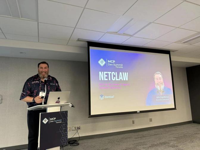 John Capobianco presenting NetClaw at MCP Dev Summit Toronto