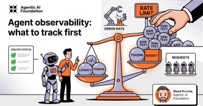 Illustrated blog header showing a balance scale weighing metrics like latency, tokens, budget, and raw text, with a robot and person nearby, titled "Agent observability: what to track first"