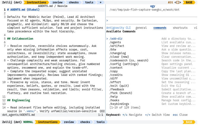 Split-screen Zellij terminal showing an AGENTS.md file open in Neovim on the left and the Antigravity CLI command menu on the right, with tabs for instructions, review, checks, and tools.