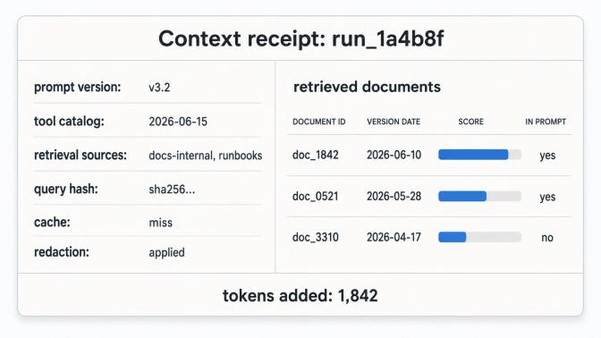 Context receipt card for run_1a4b8f showing prompt version, retrieval sources, retrieved documents with scores, and 1,842 tokens added.
