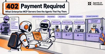 Illustrated robots at service counters depicting MCP server payment flow with gateway, planner, identity gate, and budget authority steps.