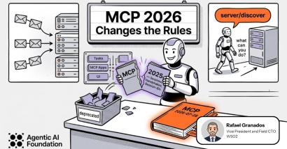 Robot comparing MCP 2025 and 2026 specs with deprecated features in a bin and server discovery concept illustrated.