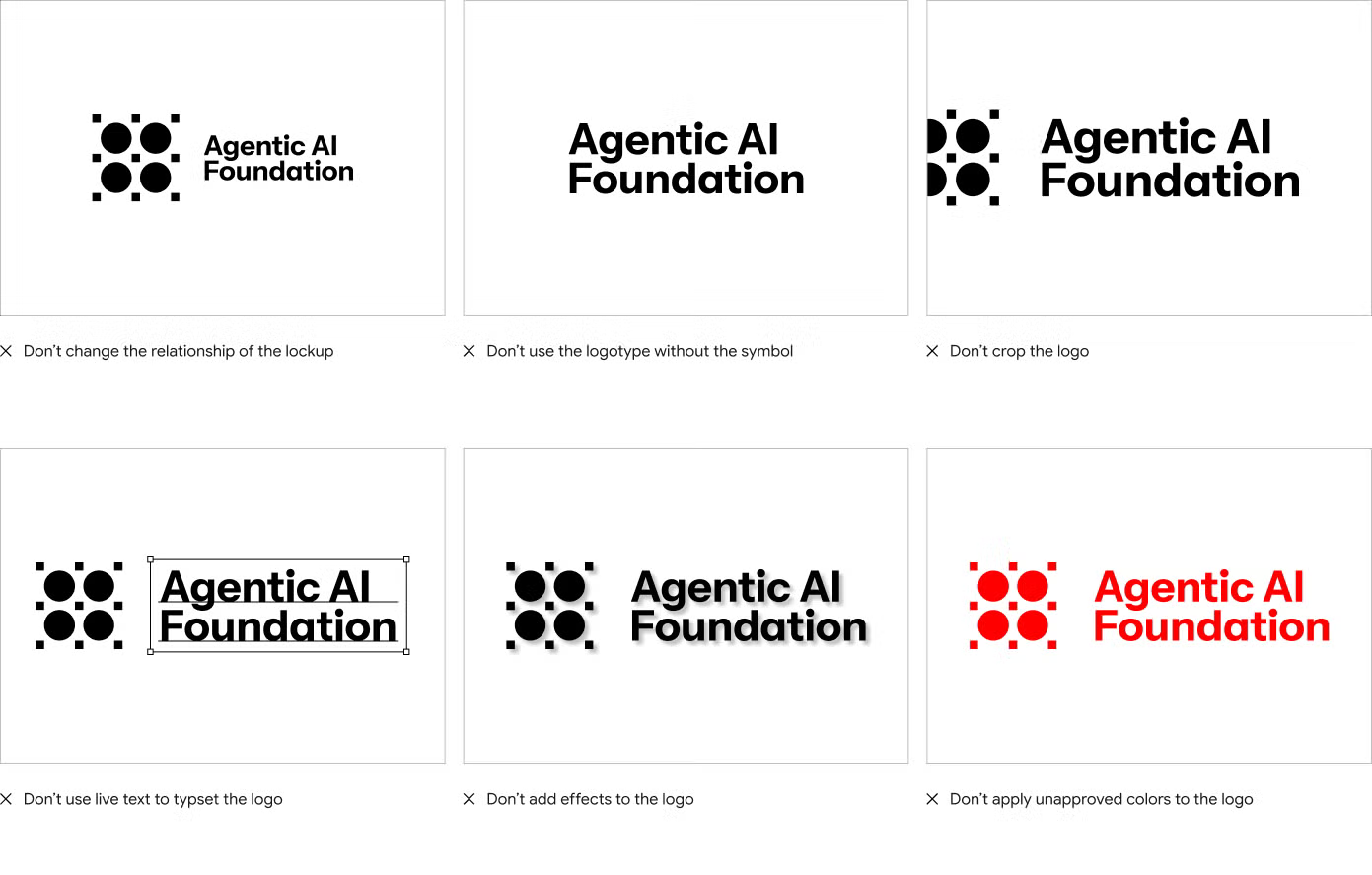 Six examples of AAIF logo misuse to avoid, including distortion, recoloring, and rearranging