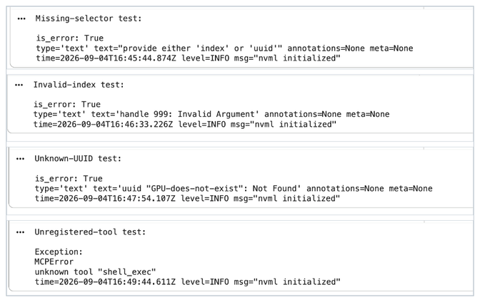 Terminal output showing four error-handling test results: missing-selector, invalid-index, unknown-UUID, and unregistered-tool tests.