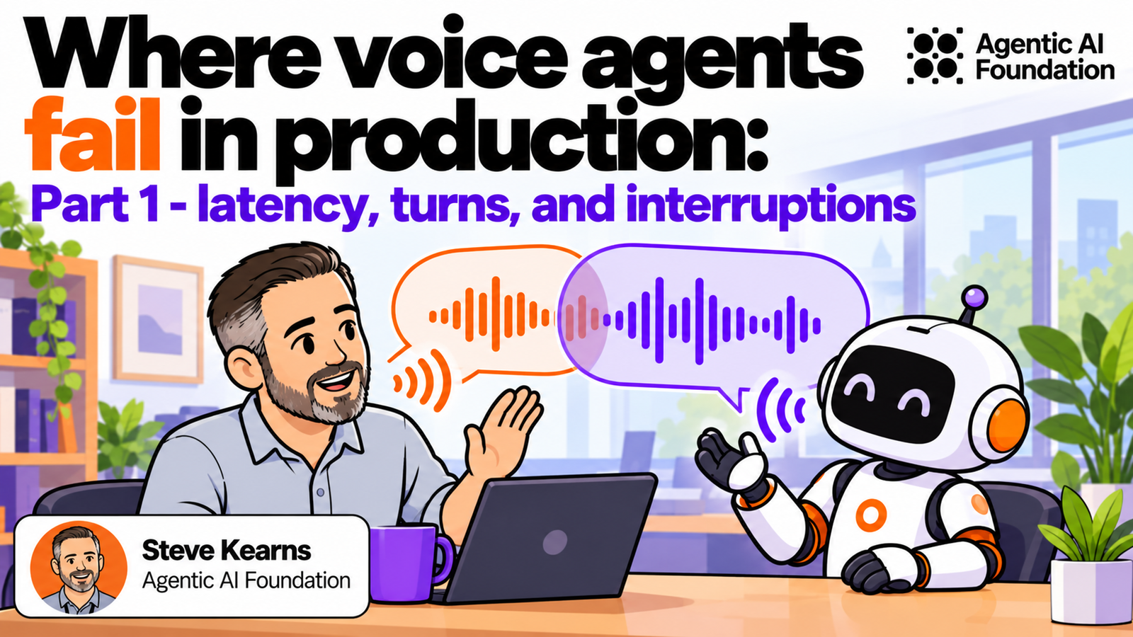 Cartoon illustration of a man and a voice AI robot talking, with overlapping orange and purple audio waveforms showing an interruption mid-conversation.
