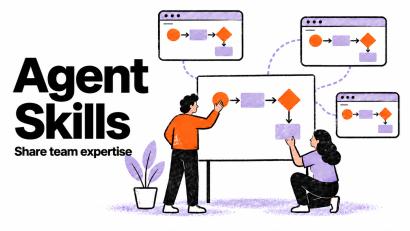 Two illustrated people building a workflow on a whiteboard with connected browser windows, titled Agent Skills: Share team expertise.