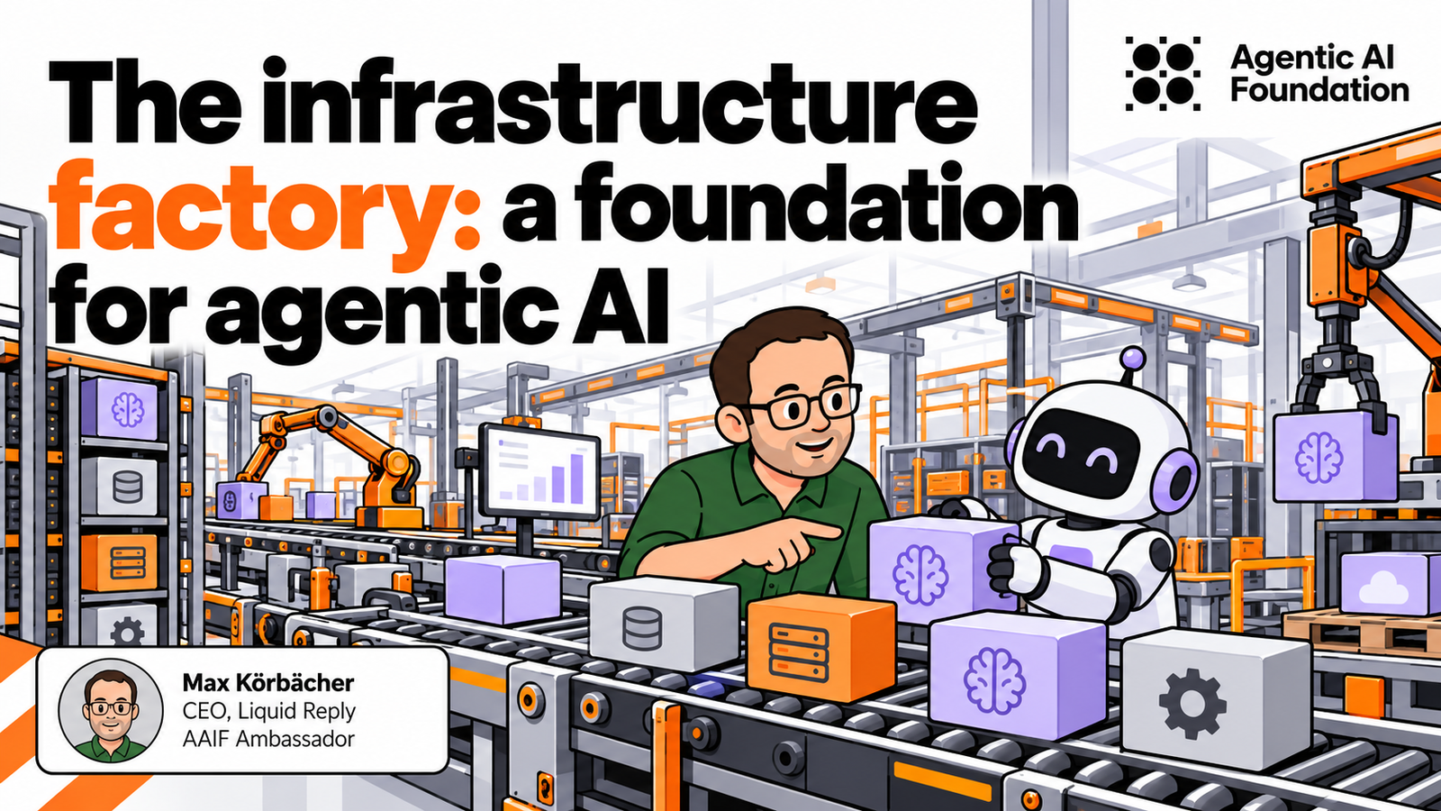 Illustration of Max Körbächer and a robot agent working on an automated factory production line, with server modules, conveyor belts, and robotic machinery.