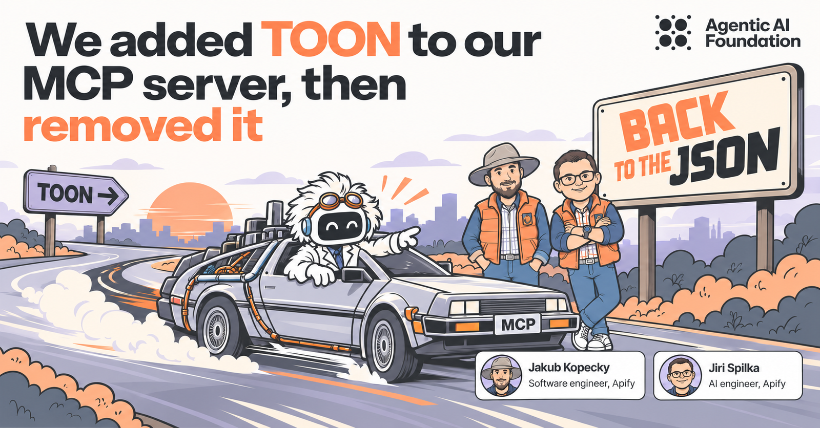 A cartoon robot leans out of a silver sports car speeding past a TOON road sign, while two engineers stand beside a “Back to the JSON” billboard.