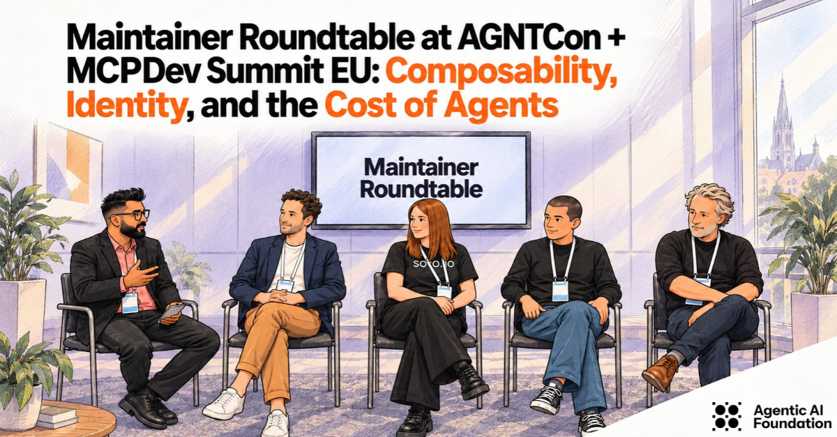 Five panelists seated on stage during a Maintainer Roundtable with speakers from Gartner, Anthropic, Solo.io, Google, and OpenAI.