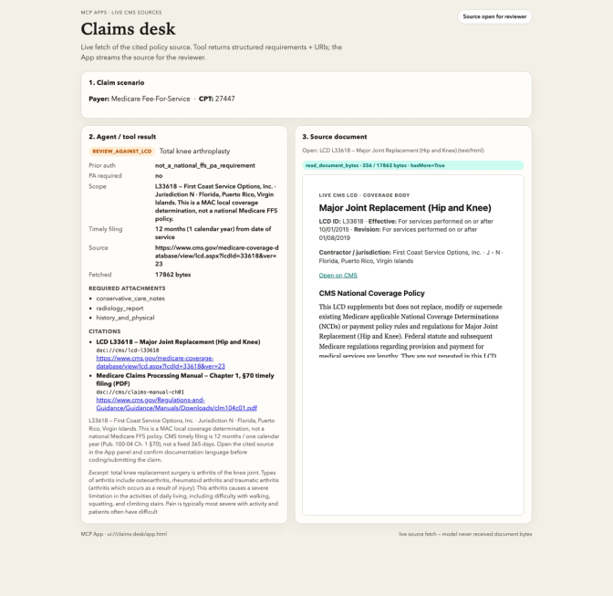 Claims desk app showing Medicare LCD review for total knee arthroplasty CPT 27447 with policy details and source document