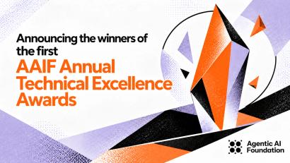 Promotional banner announcing winners of the first AAIF Annual Technical Excellence Awards with abstract trophy graphic and Agentic AI Foundation logo.
