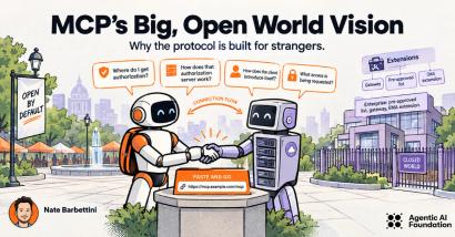 Two robots shaking hands in a public square illustrating MCP's open world protocol, with speech bubbles about authorization and connection flow.