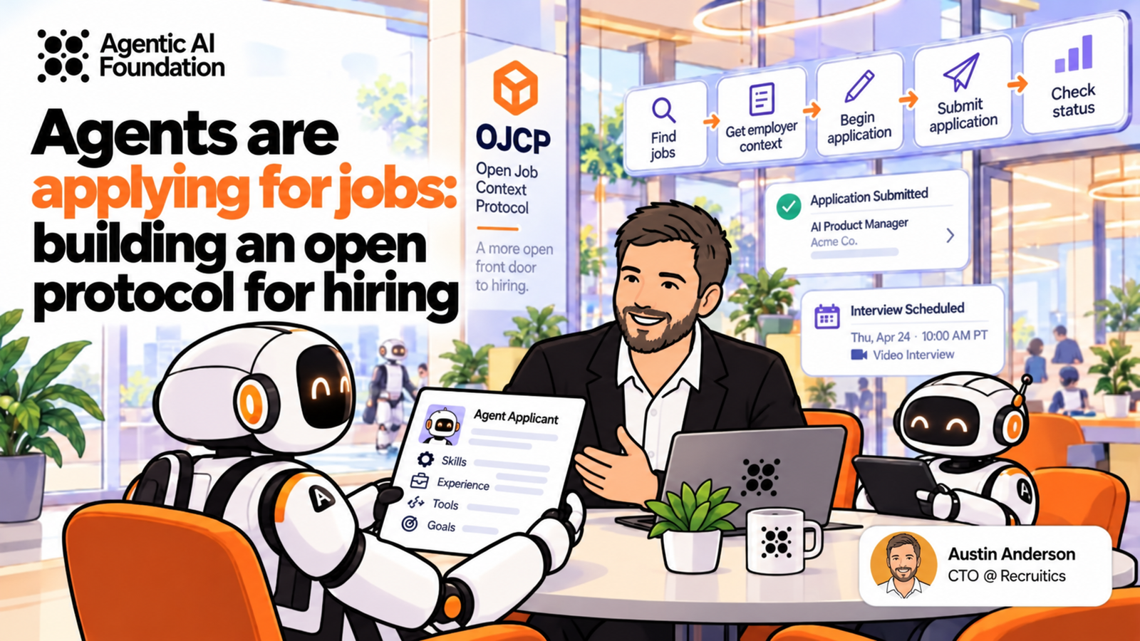 Illustration of Austin Anderson interviewing a robot job applicant, with a second robot taking notes and OJCP application steps displayed in the background.