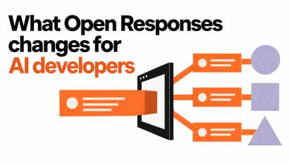 Blog header with text "What Open Responses changes for AI developers" and an illustration of data flowing through a screen into multiple output cards